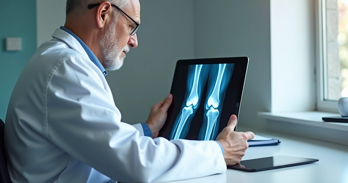 Médico analisando exame de joelho sentado à mesa 