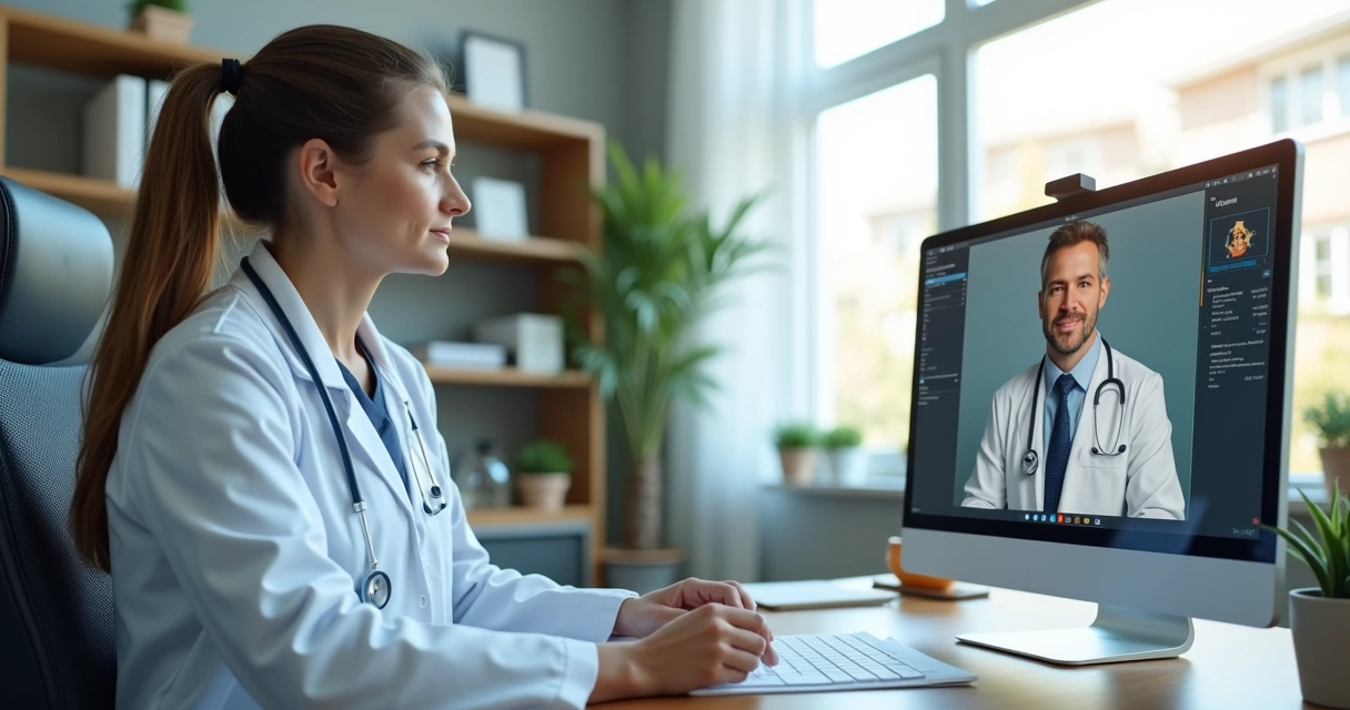 Consulta médica online entre paciente e médico especialista para laudo previdenciário com documentos e computador à frente 