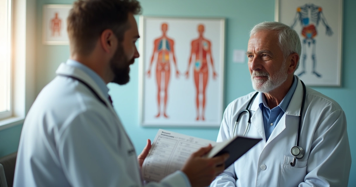 Médico conversando com homem de meia idade em consultório
