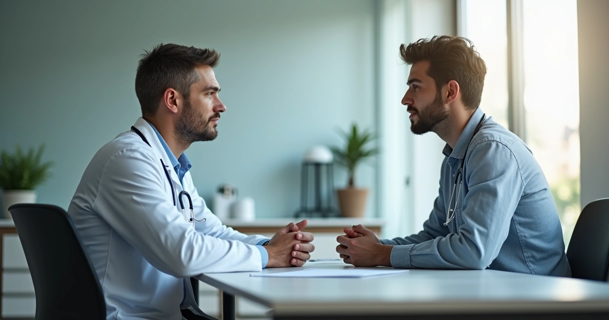 Homem jovem conversando com médico em consultório moderno 