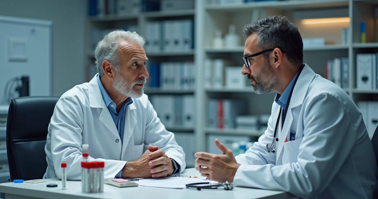 Homem de meia-idade em consulta médica realizando exames de sangue