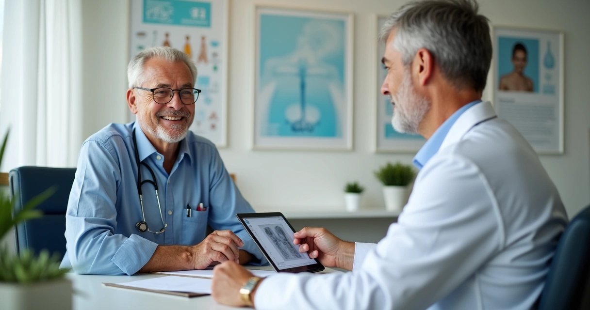 Médico analisando exames com paciente de meia-idade em consultório 