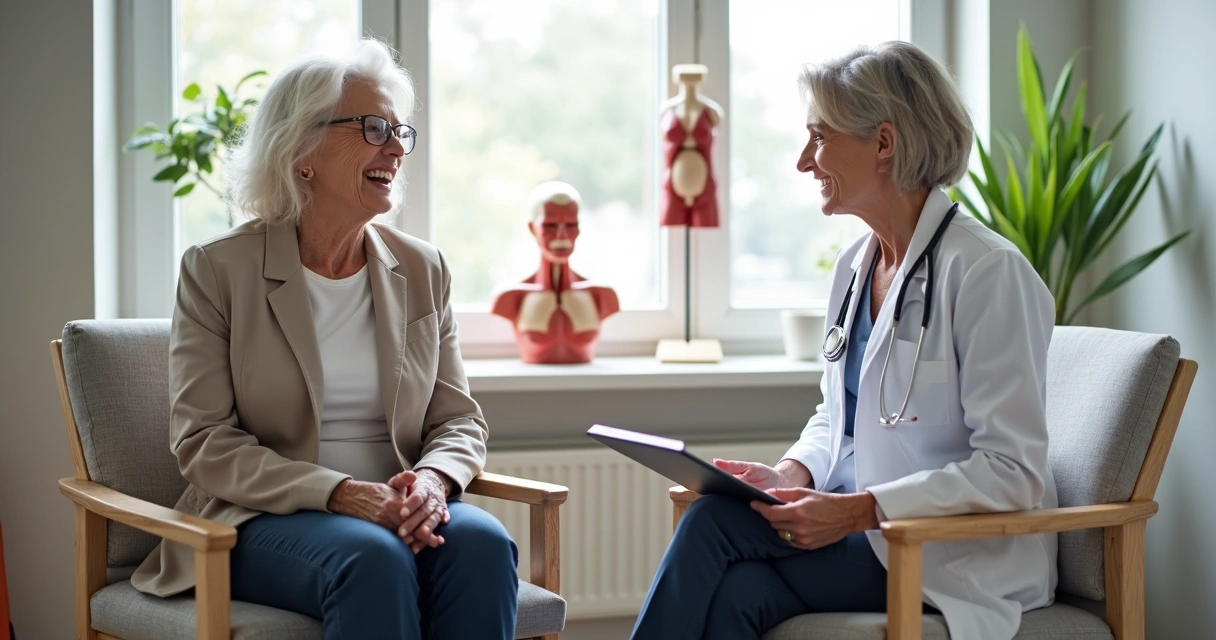 Paciente mulher conversando com médica em consultório moderno