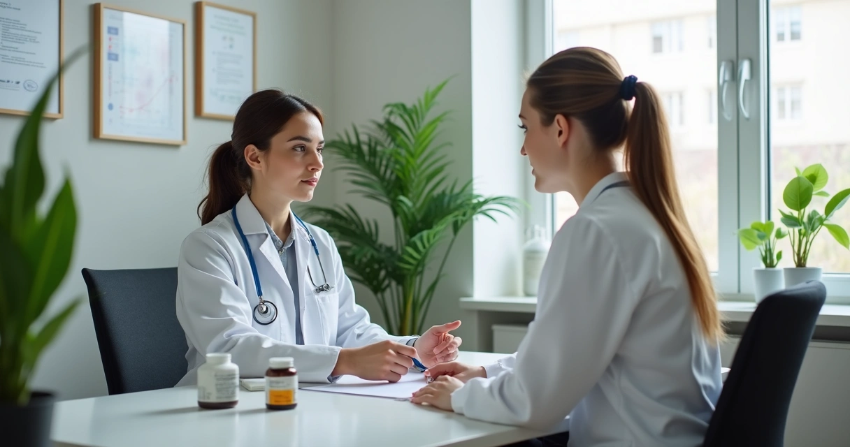 Médica orientando mulher sobre suplementos em consultório 
