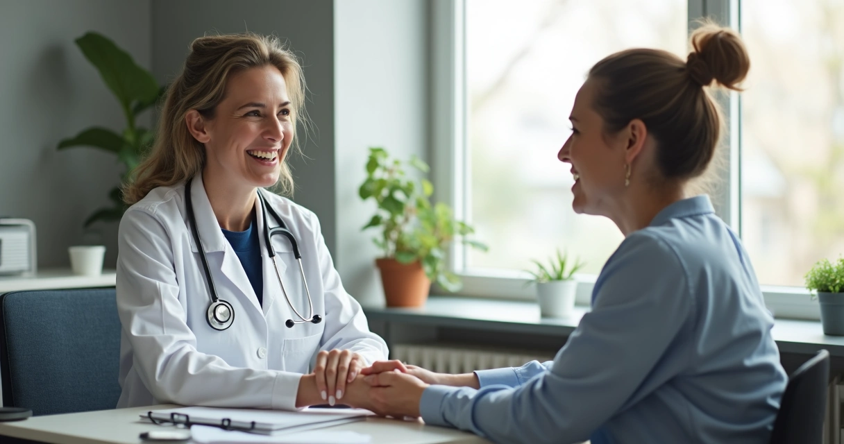 Médica e paciente mulher em consulta conversando em um consultório moderno