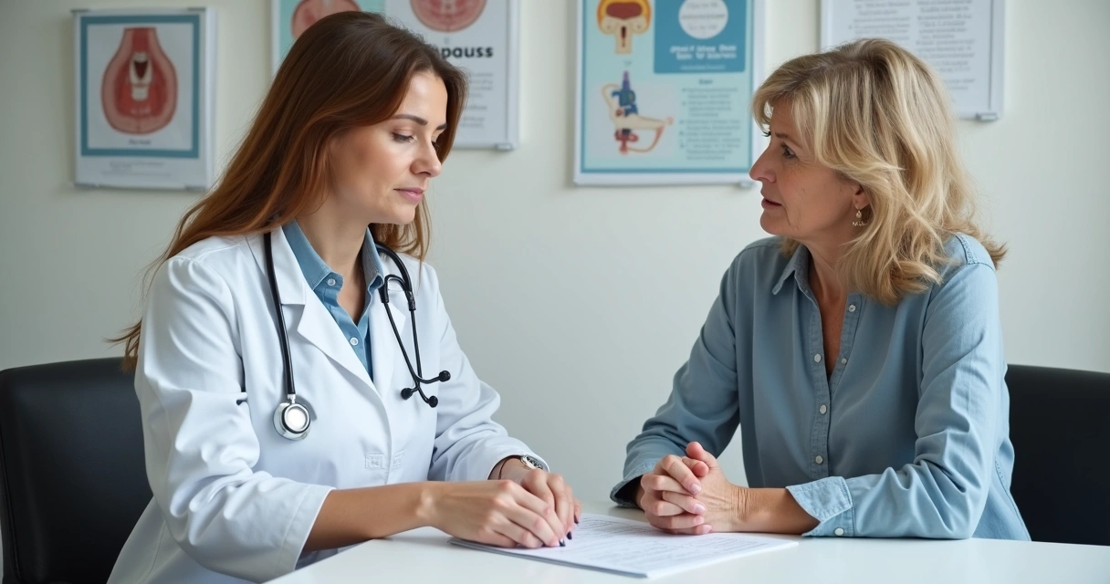 Consulta médica de mulher madura sobre sintomas da menopausa e tireoide 
