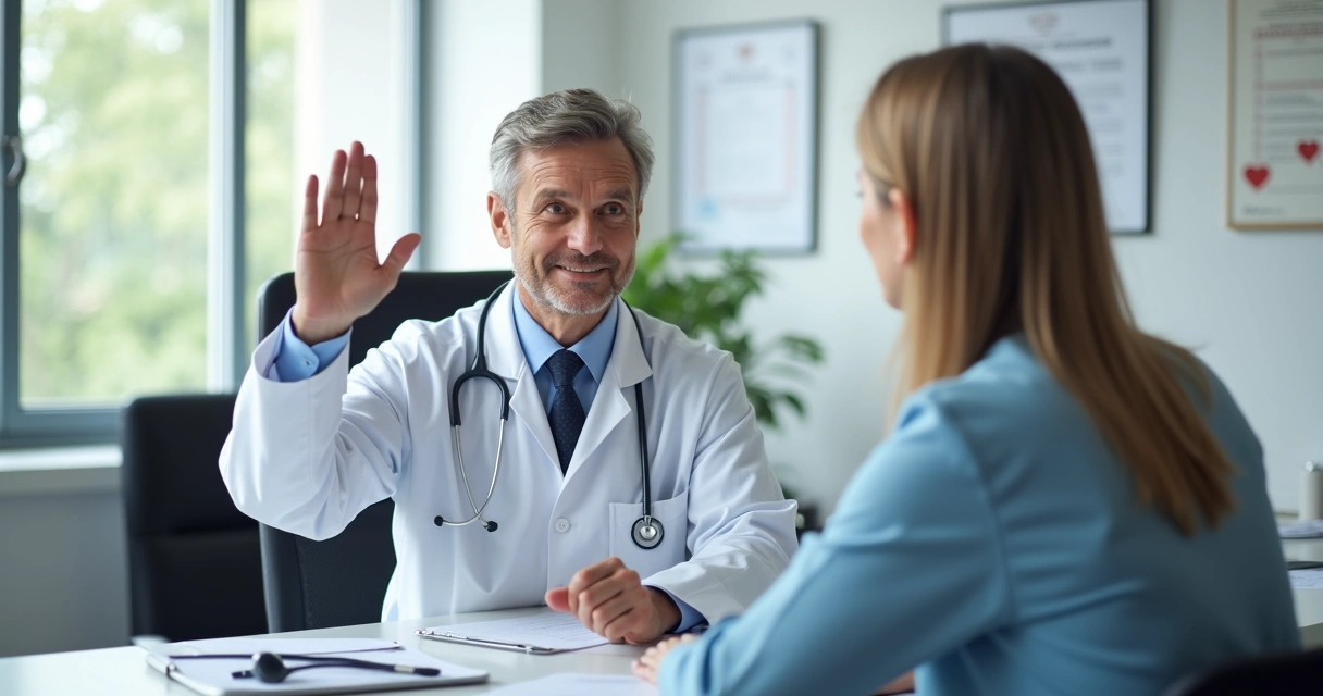Médico em consultório se recusando a atender paciente, gesticulando com as mãos, paciente sentado com expressão surpresa, ambiente claro com mesa de atendimento e computador 