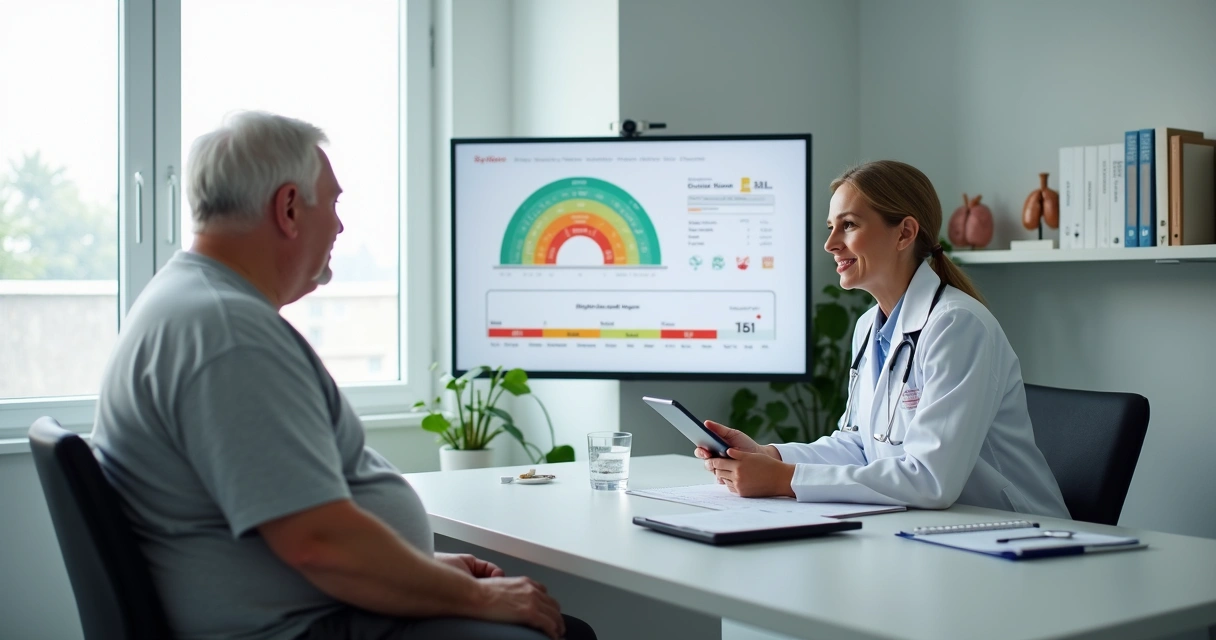 Médico conversando com paciente com obesidade em consultório moderno 