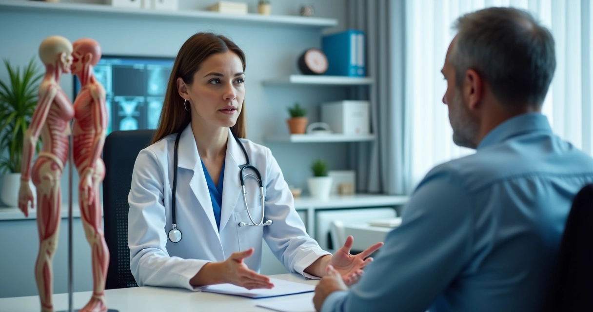 Médica oncologista atendendo paciente em consultório moderno com equipamentos médicos ao fundo 