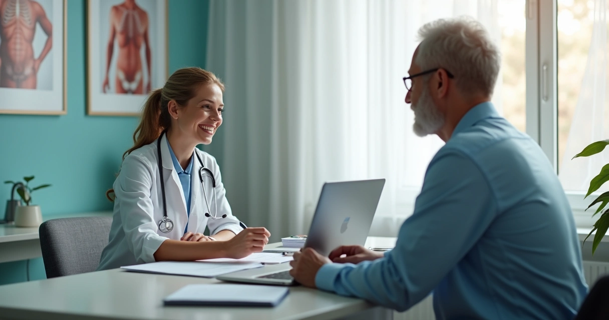 Médica oncologista conversando com paciente em consultório moderno e acolhedor 
