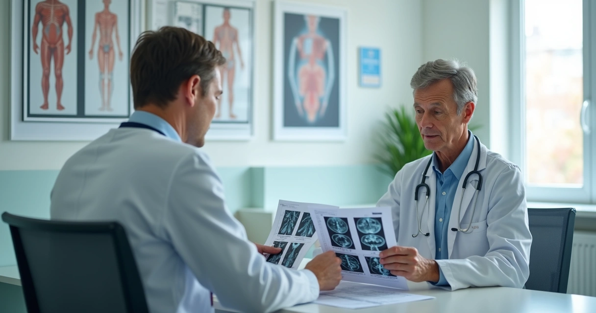 Paciente adulto em consulta médica com oncologista examinando exames em mesa de consultório 