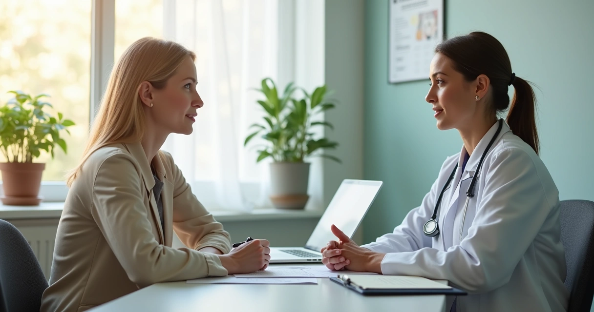 Médica oncologista atendendo paciente adulto em consultório moderno e acolhedor 