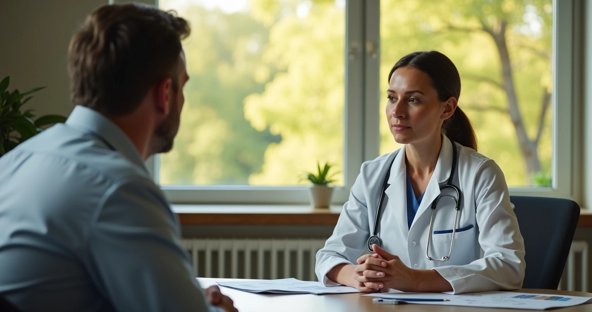 Paciente conversando com oncologista durante consulta 