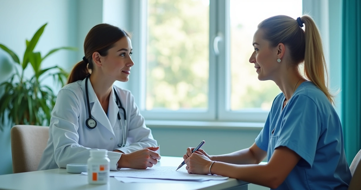Consulta médica entre especialista em saúde e paciente com câncer em ambiente hospitalar 