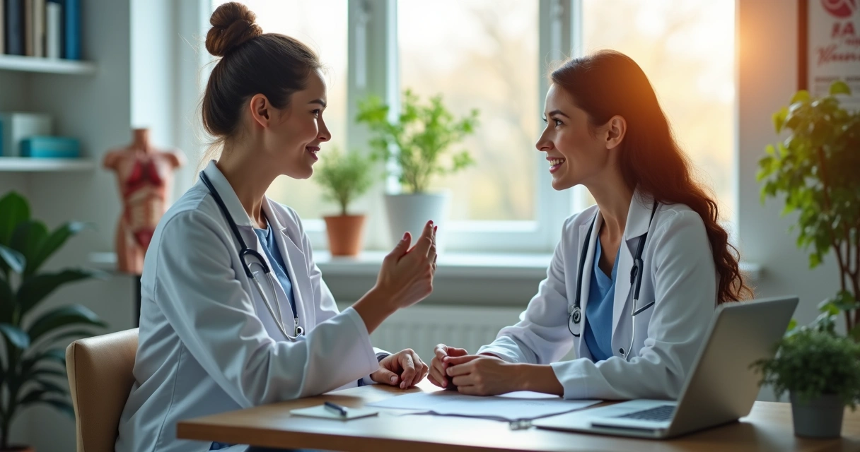 Consulta médica entre paciente adulto e médica oncologista em ambiente acolhedor com expressão de diálogo tranquilo 