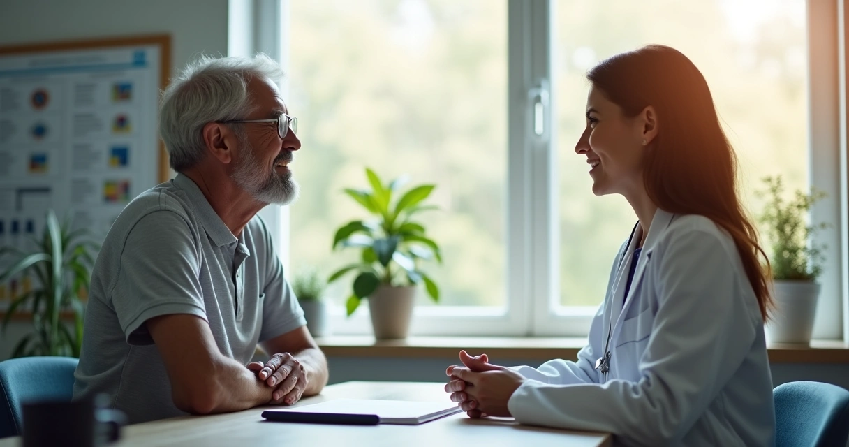 Paciente adulto conversando com médica oncologista em consultório aconchegante 