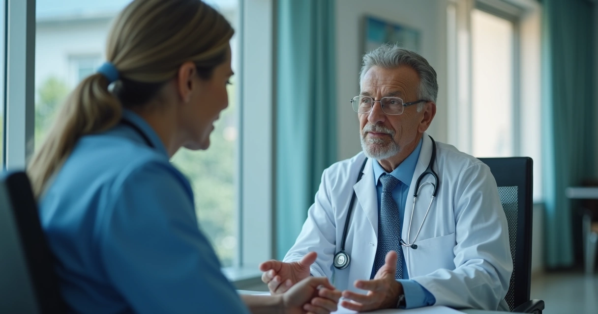 Paciente sentado falando com médica oncologista em consultório acolhedor 