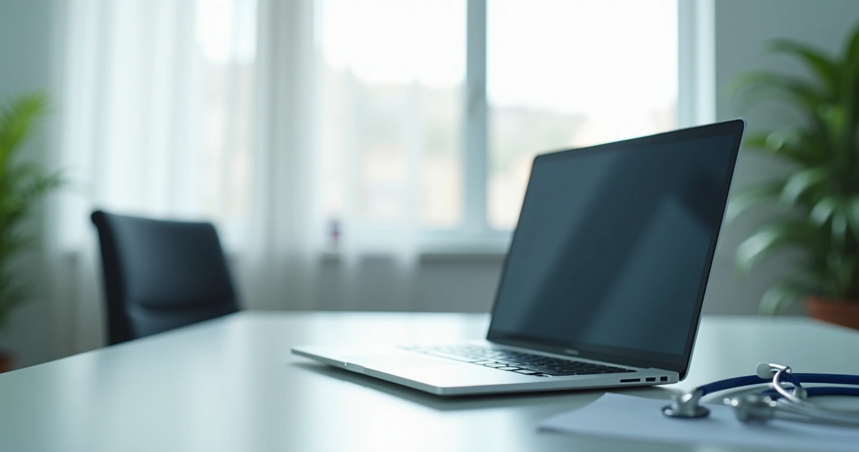 Consultório online com notebook e materiais médicos 