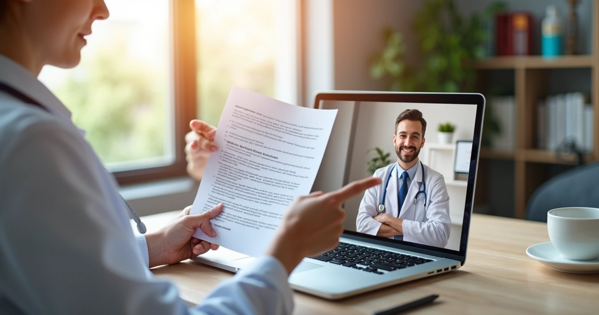 Médico em consulta online explicando termos de consentimento ao paciente. 