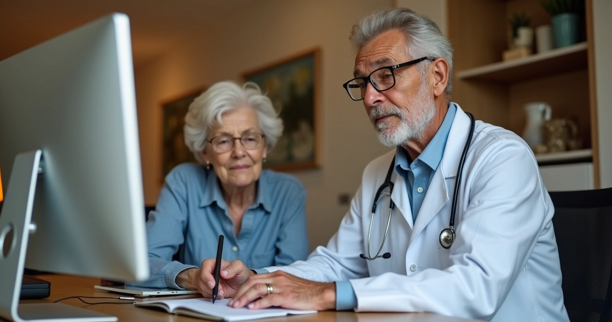 Médica atendendo um idoso em consulta online via computador, ambiente doméstico claro, ambos concentrados
