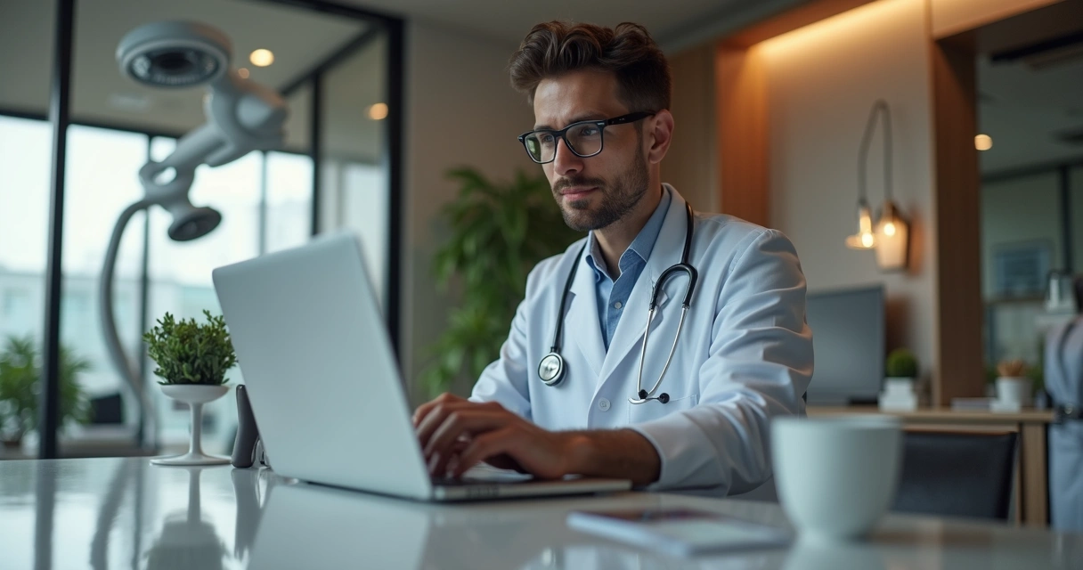 Profissional de saúde masculino em consulta médica online usando laptop em ambiente moderno e sofisticado 