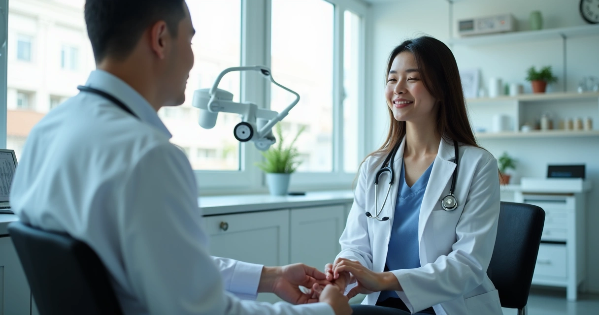 Médico realizando atendimento tranquilo e paciente satisfeito em ambiente clínico bem estruturado 