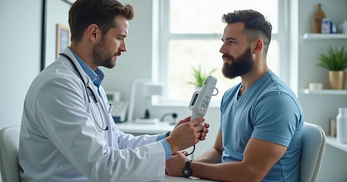 Médico usando orquidômetro em consulta clínica com paciente masculino 