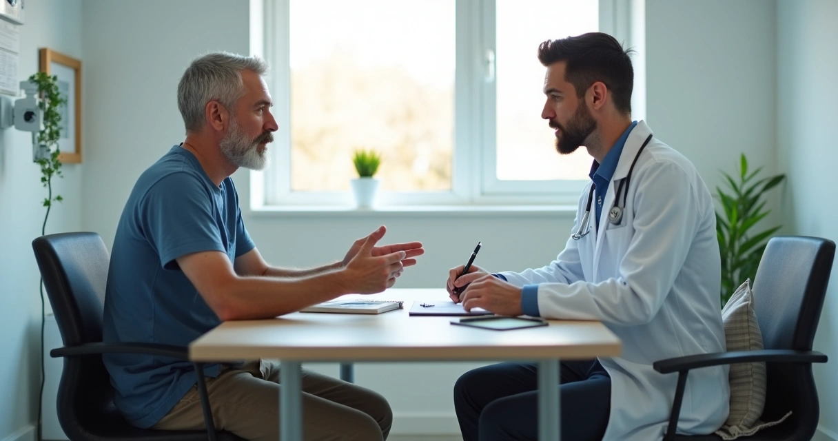 Médico conversando com paciente durante consulta clínica em consultório