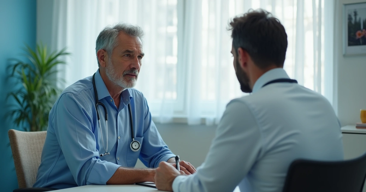 Homem em consulta médica, sentado à frente do médico, em consultório moderno