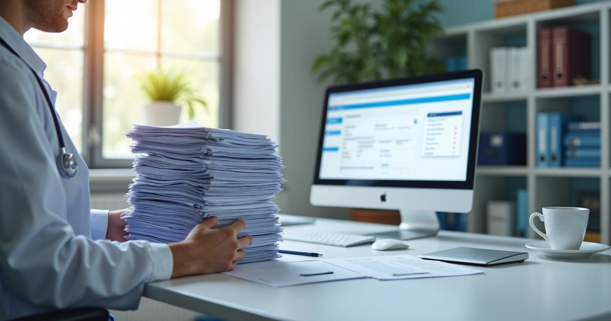 Médico analisando prontuários em papel e computador lado a lado