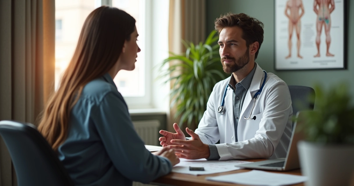 Paciente conversando com médico em consultório sobre IST