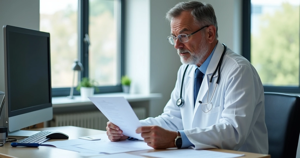 Médico perito analisando documentos durante avaliação clínica no consultório