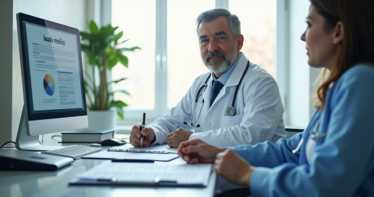 Médico perito analisando documentos médico-legais em uma mesa, com computador e laudos médicos. 