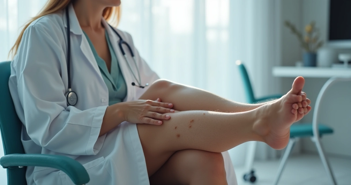 Paciente em consulta vascular para avaliação de manchas nas pernas 