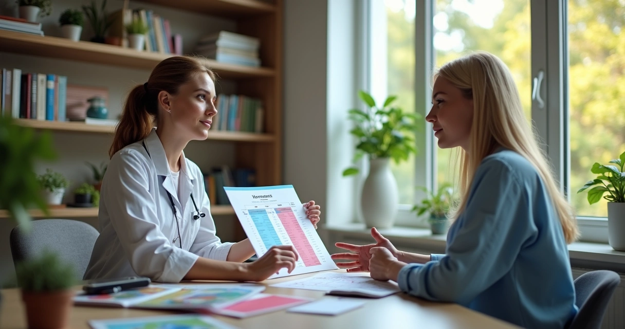 Endocrinologista mulher explicando gráfico para paciente em consultório aconchegante 