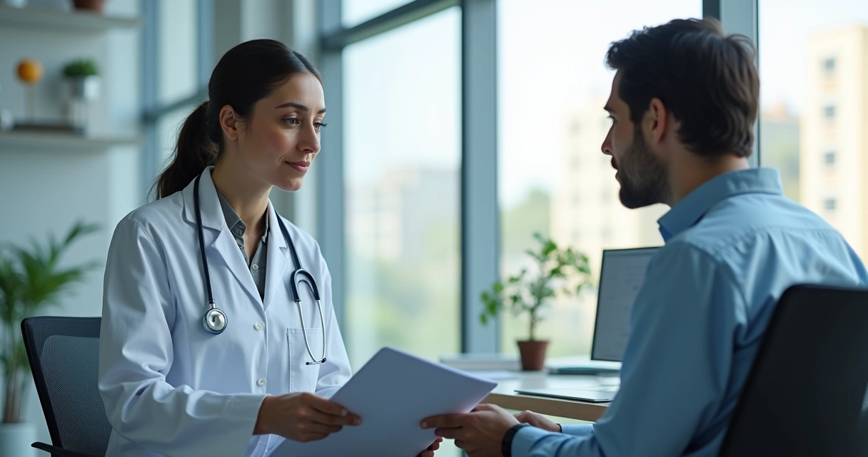 Médico português atendendo paciente brasileiro em consultório moderno.