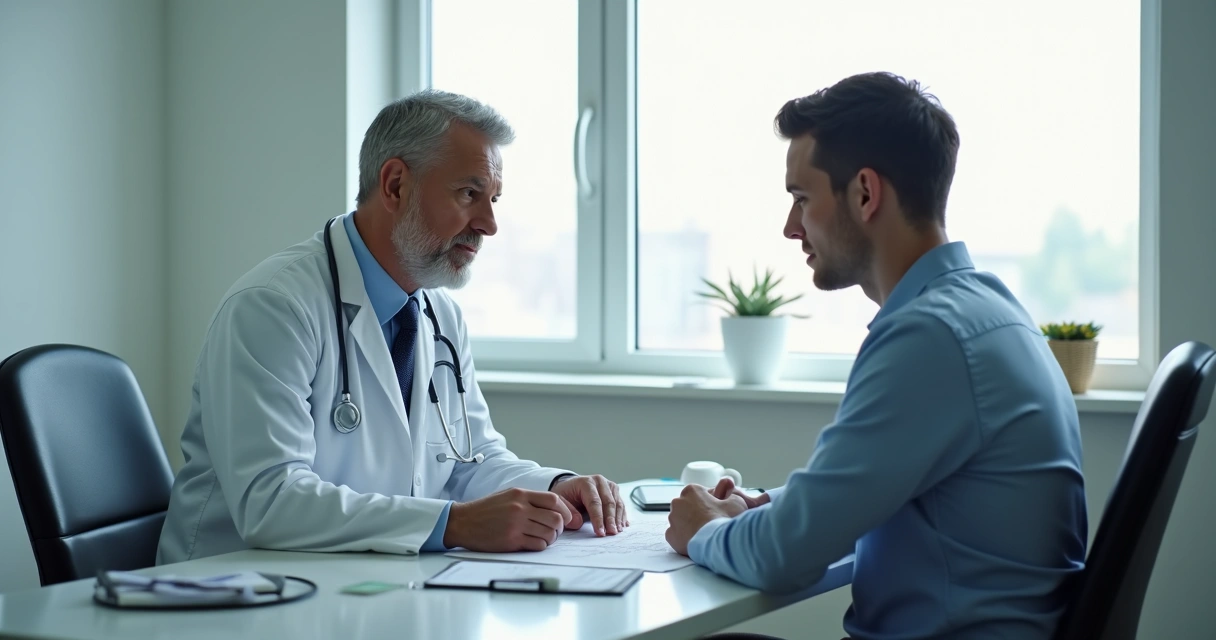 Médico consulta paciente em consultório no pós-operatório 