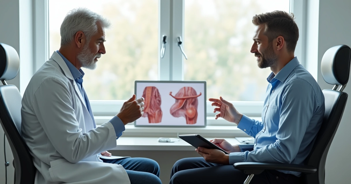 Homem sentado explicando dúvidas ao médico em consultório moderno 