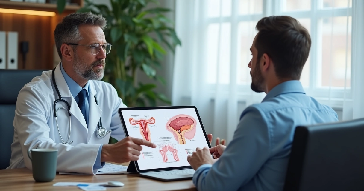 Consulta entre médico e paciente sobre aumento peniano com papéis e tablet 