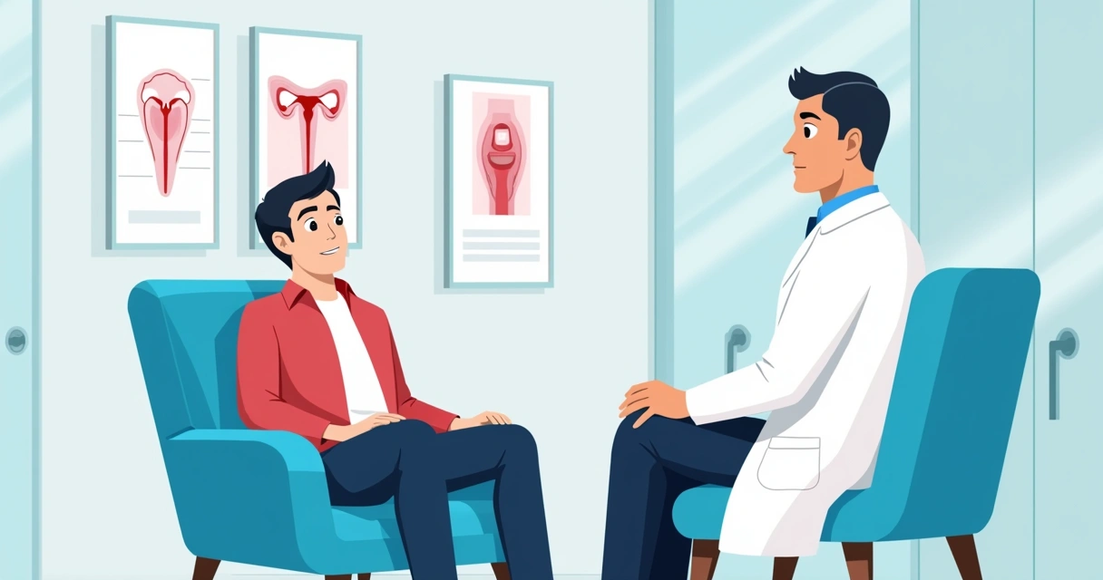 Homem em consulta médica conversando sobre preenchimento peniano 