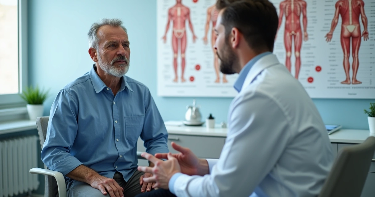Homem conversando com urologista durante acompanhamento pós-preenchimento peniano 