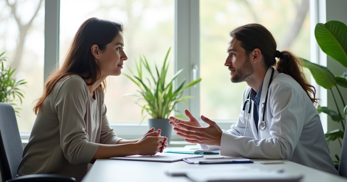 Pessoa conversando em consulta médica com profissional de saúde