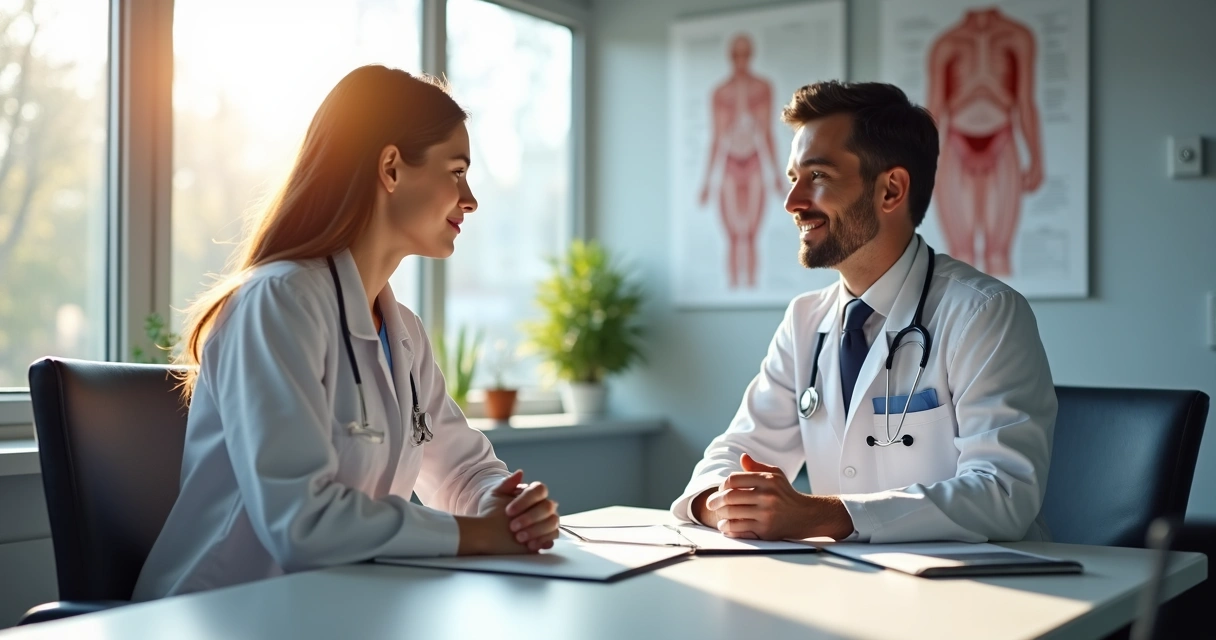 Médico conversando com paciente sobre PrEP em consultório iluminado.