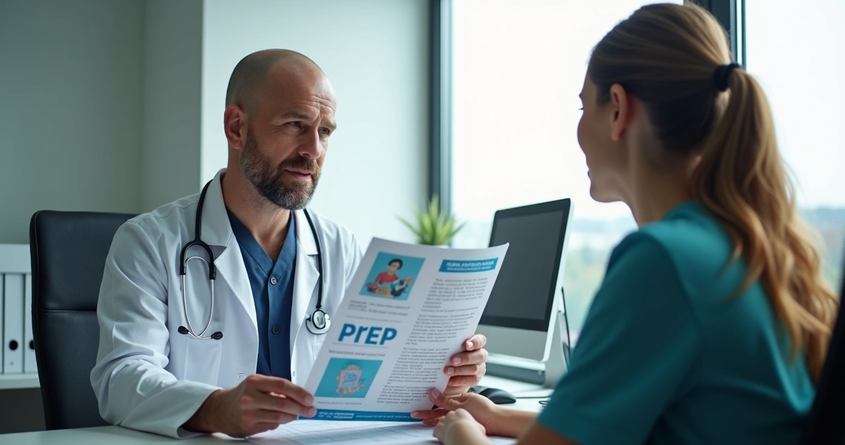 Profissional de saúde orienta paciente sobre PrEP em um consultório moderno