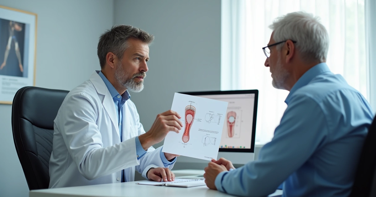 Urologista atendendo paciente e explicando sobre prótese peniana na consulta