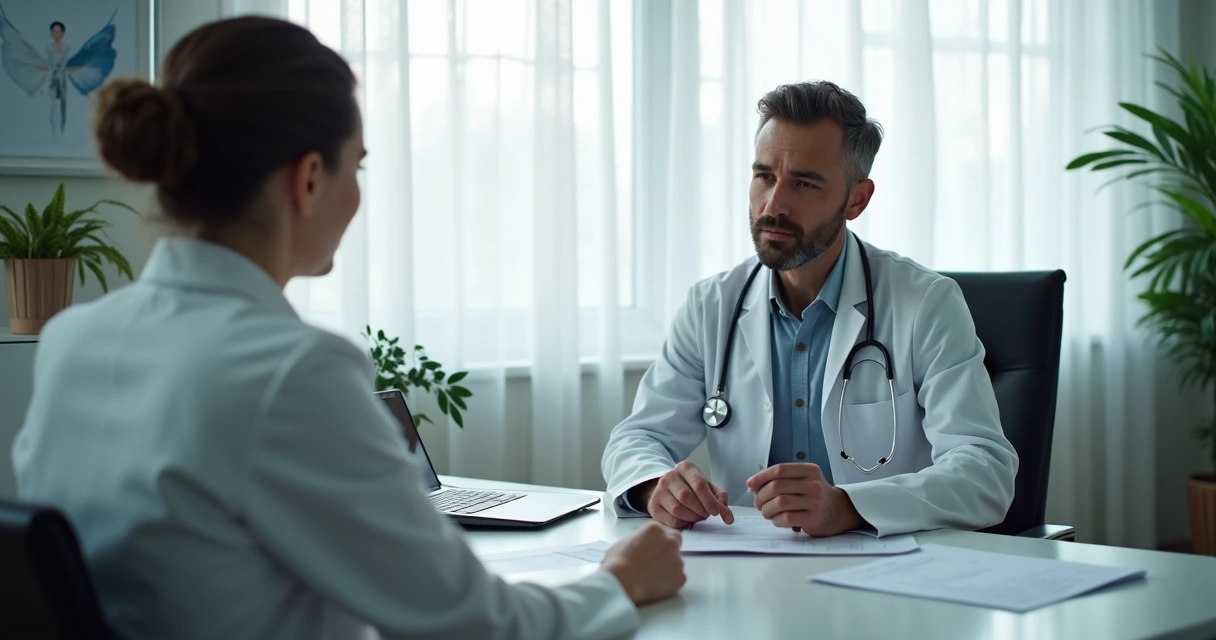 Paciente em consulta psiquiátrica com médico analisando laudos 