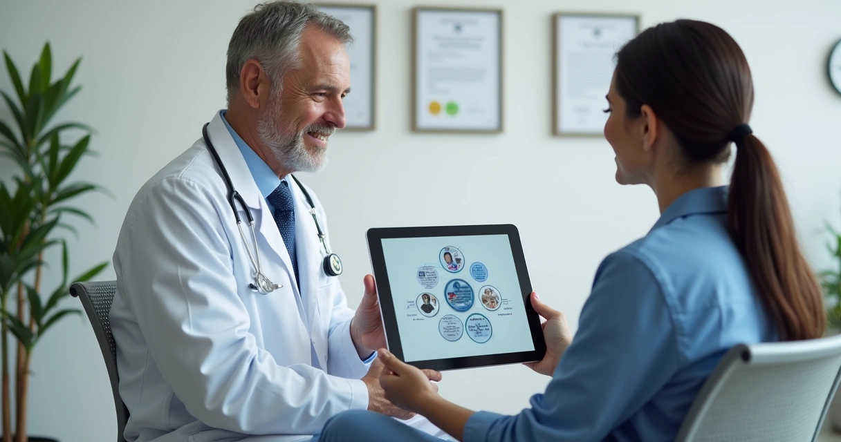 Médico e paciente analisando material digital sobre publicidade médica em tablet no consultório com ambiente claro e profissional 