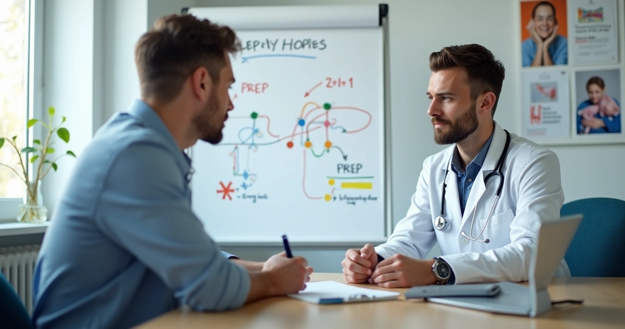 Consulta médica com quadro mostrando esquema da PrEP sob demanda. 