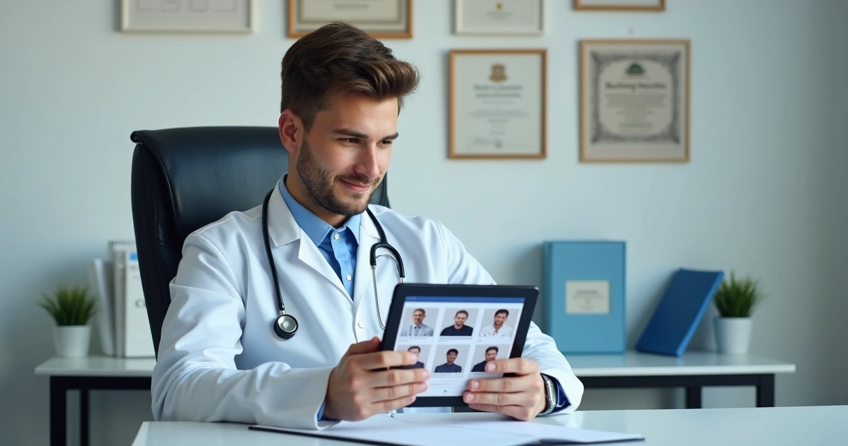 Paciente jovem pesquisa informações sobre médicos em tablet durante uma consulta. 