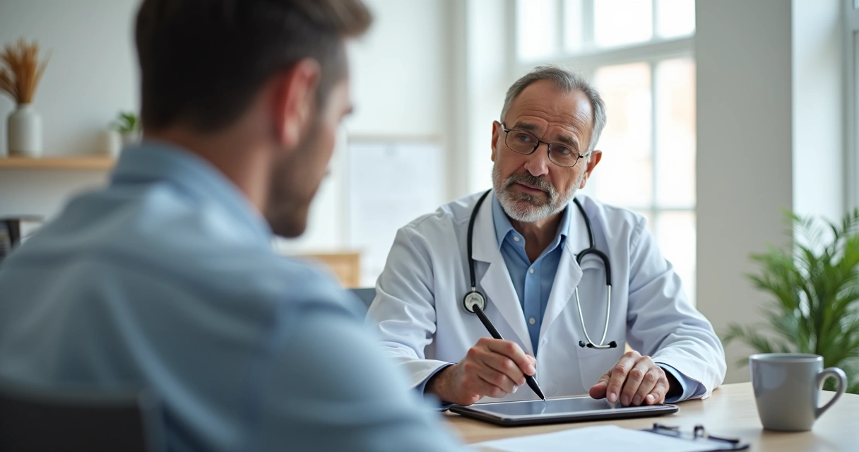 Médico anotando informações em tablet durante consulta com paciente sentado ao lado 